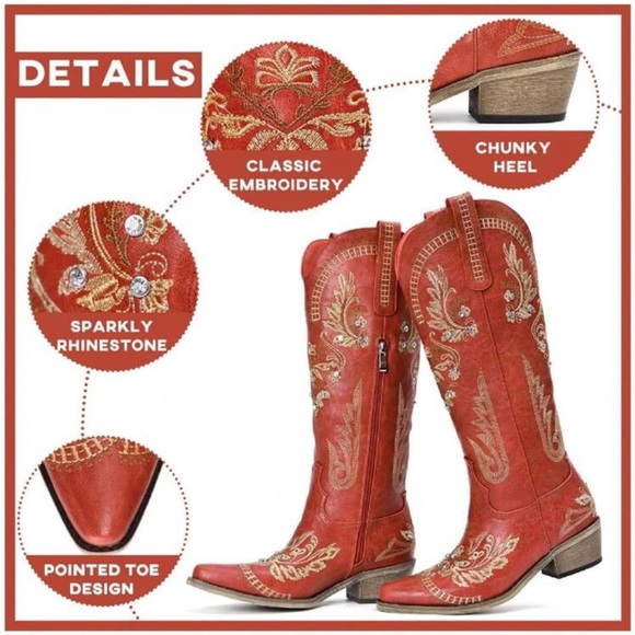 Wide Calf Knee High Western Cowgirl Boots, Rhinestones With Classic Embroidery - Picture 6 of 7